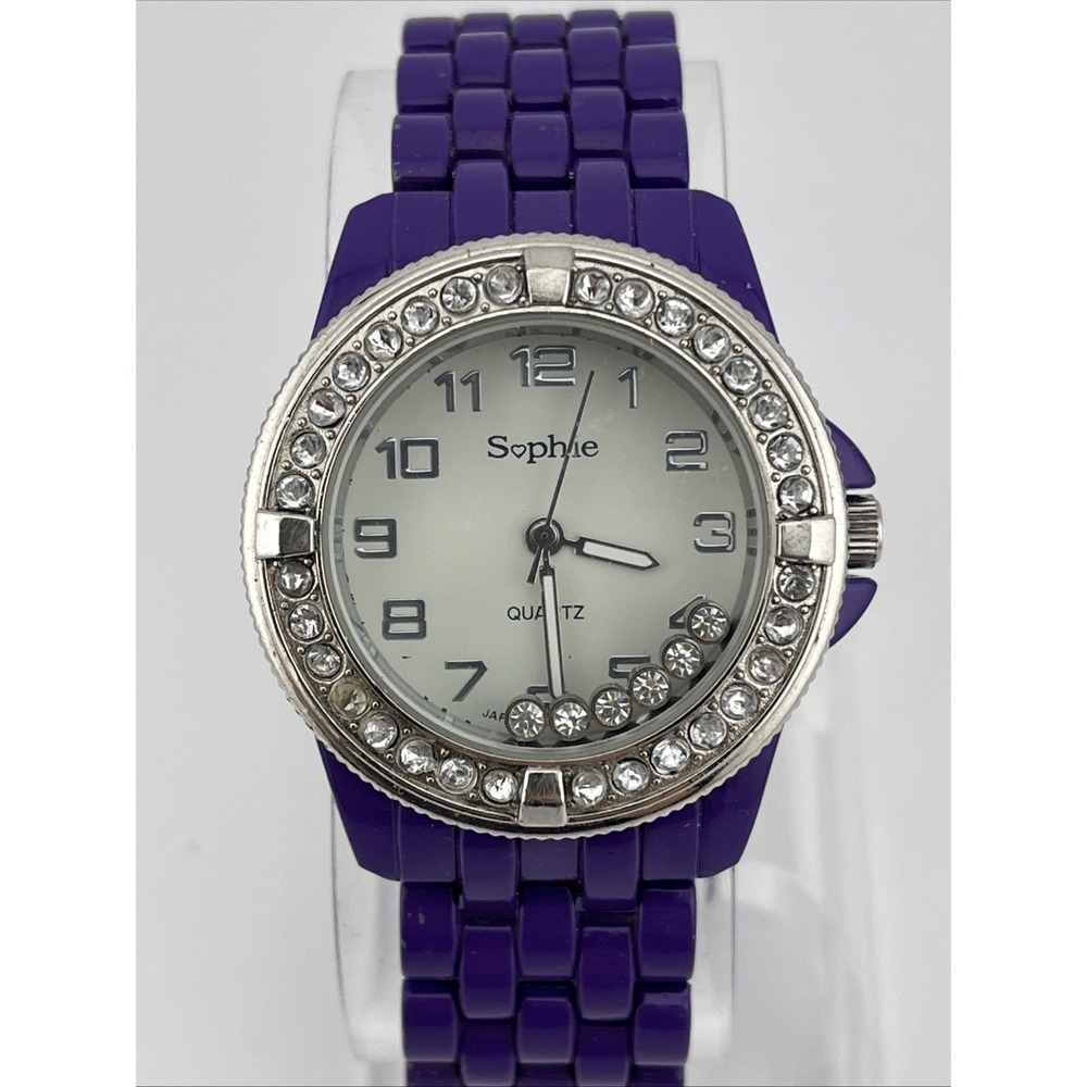 Sophie Watch Women 35mm Case Floating‎ Crystals Purple 7.25" Band- New Battery
